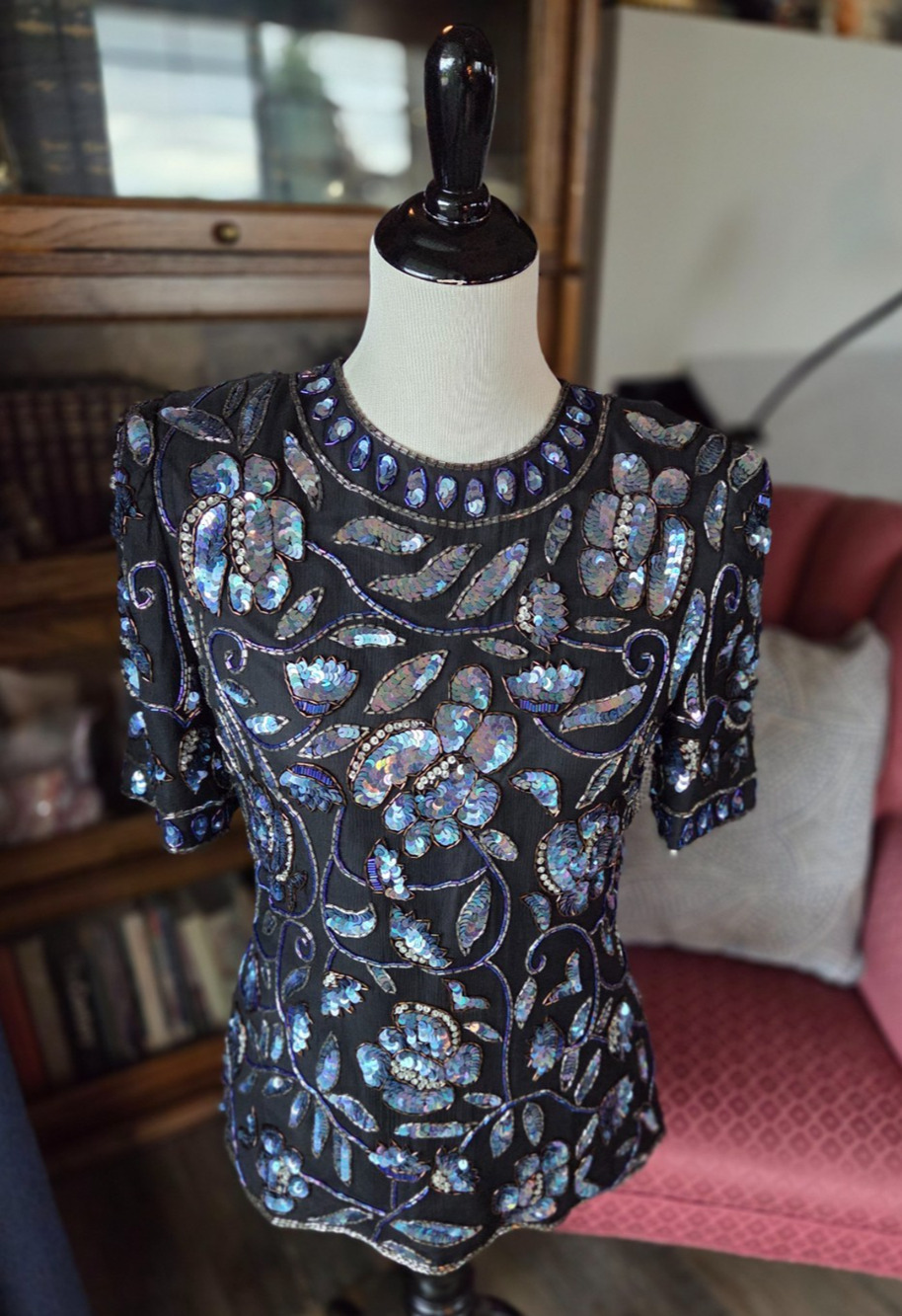 Vintage Laurence Kazar Silk Beaded Sequin Evening Top S Small 90's Glam Retro